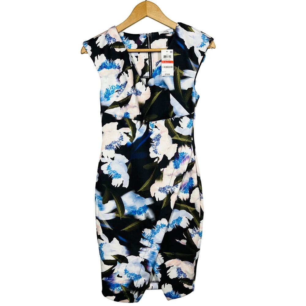 Bar III Floral Scuba Bodycon Dress Sleeveless Asymmetrical Blue Black - XS